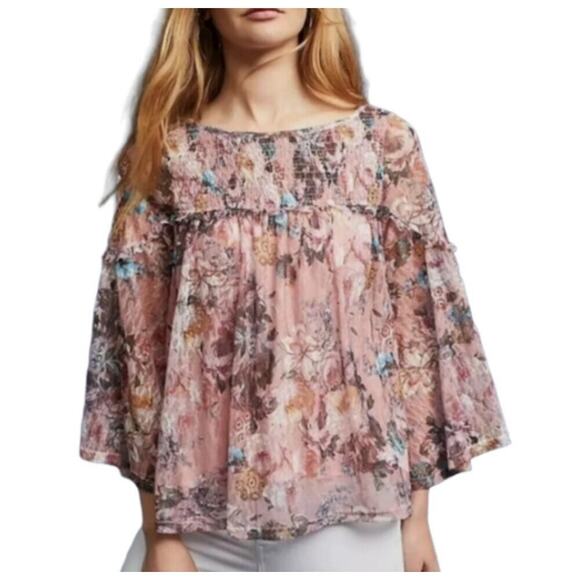 Anthropologie AKEMI+KIN Women's size M Floral Smocked Ruffle Bell Lacey Top - Picture 7 of 10